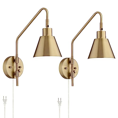 Marybel Antique Brass Plug-In Swing Arm Wall Lamps Set of 2 Light Fixture | Modern Adjustable Gold Tapered Cone Metal Shade for Bedroom Bedside House Reading Living Room Home Hallway