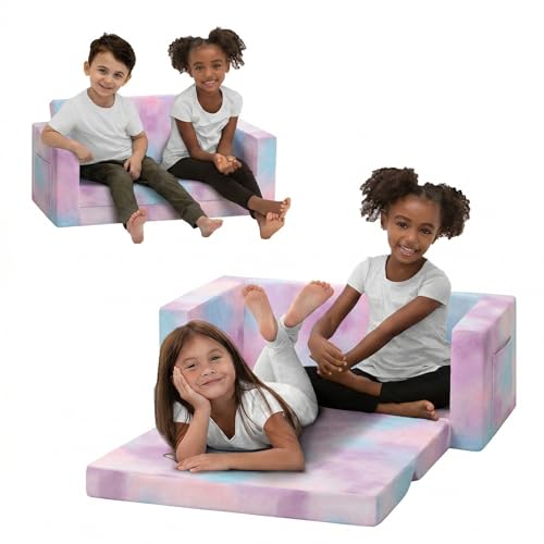 Delta Children Cozee 2-in-1 Sofa, 2-Seater Convertible Toddler Couch Sleeper, Wide 2-in-1 Flip Open Foam Chair for Playroom, Pet-Friendly, Bed Lounger, Comfy Play Sleeping Lounge Chair, Pink Tie Dye - color: Pink Tie Dye