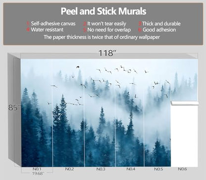 XMPMBM-Peel and Stick Foggy Forest Wallpaper Blue Hazy Pine Tree wall Mural | Tear-resistant,good adhesion,repositionable,and durable;does not peel off easily.size: M-118"X85" - color: X01, size: 118"x85"