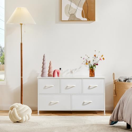 Sweetcrispy Dresser for Bedroom with 5 Drawers, Fabric Tower Organizer | Chest of Drawers with Metal Frame Wooden Top for Closet, Living Room, Entryway, White - color: White, size: 39.4"D x 11.8"W x 20.9"H (5 Drawers)