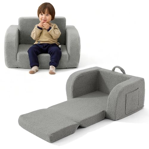 Toddler Couch, 2-in-1 Toddler Chairs Comfy 1-3 Years Old, Toddler Chair for Girls and Boys, Kids Couch Bed Fold Out, Convertible Baby Sofa to Lounge Chair for Playing, Reading, Napping, Grey - color: Grey, size: Standard