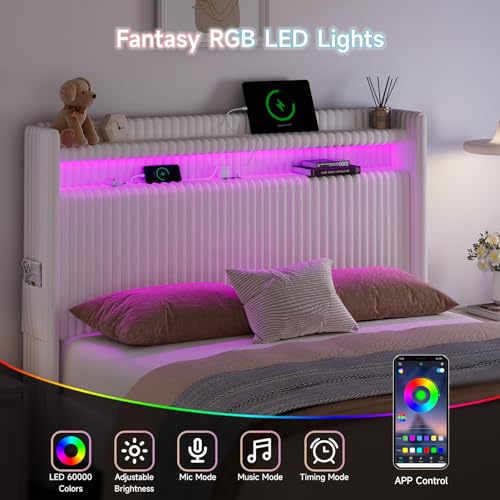 54" Tall Headboard Queen Size with Storage, LED Light, Corduroy Wingback Headboard with Charging Station, Upholstered Head Board Queen w/High-Density Sponge Padding, Storage Pockets, Off White
