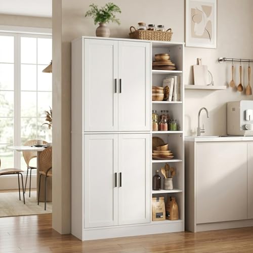 holzart 63" Tall Kitchen Pantry Cabinet, Freestanding Dining Room Storage Hutch with 4 Doors and Adjustable Shelves, Modern Utility Cupboard for Coffee Bar and Microwave, White - color: White