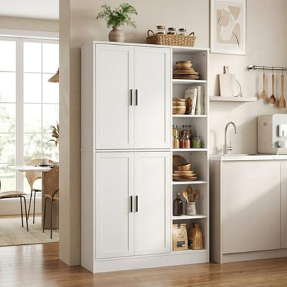 holzart 63" Tall Kitchen Pantry Cabinet, Freestanding Dining Room Storage Hutch with 4 Doors and Adjustable Shelves, Modern Utility Cupboard for Coffee Bar and Microwave, White - color: White
