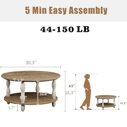 karlott Farmhouse Coffee Table, Tray Round Coffee Tables for Living Room | Solid Wood Veneer Tabletop, Pine Legs & Storage Shelf, Tray Tabletop, Rustic Boho Center Table, Easy Assemble for Living Room - size: 2 Tier Tray Coffee Table 30.3 Inches