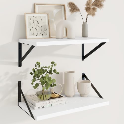 Deep Floating Shelves, 18'' x 10'' White Wall Shelves Set of 2 | 10 Inch Deep Shelves with Heavy Duty Brackets, Rustic Wood Shelves for Bathroom Living Room, Engineered Wood, 30LBS - color: White, size: 18W x 10D