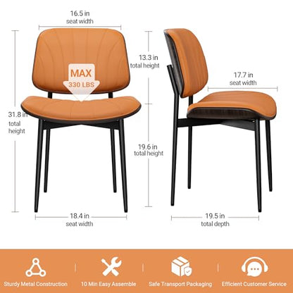 Dining Chairs Set of 2, Mid-Century Modern Upholstered PU Leather Chairs | with Walnut Back and Metal Legs Adjustable Feet for Kitchen Dining Room, Orange Shell Strips - color: Orange Shell Strips