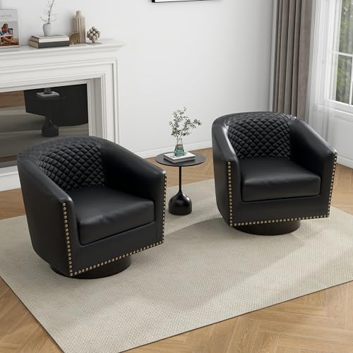 Faux Leather Swivel Accent Chair, Modern Barrel Club Armchair, Black | Comfy Living Room Chair, Modern Nailhead Trim Round Armchair Bedroom Reading Seat with Removable Cushion, Wood Frame - color: Retro Black