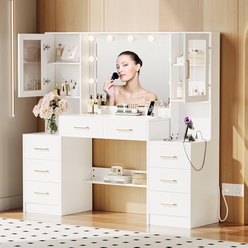 TOKSOM 58.3”Vanity Desk with Mirror and Charging Station, Bedroom Dressing Table, Large Vanity Set, 8 Drawers and 2 Cabinets, Makeup Vanity Table with Charging Station, Without Lights - size: 58.3 inch, style: Modern White