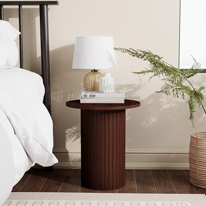 COVLON Round Side Table, Fluted Drum End Table, Tambour Accent Table | Mid Century Modern Nightstand & Wood Plant Stand for Small Spaces, Living Room, Bedroom, Home Office, Brown