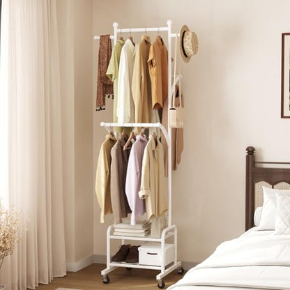 Rolling Clothes Rack with 2 Shelves, Small Metal Clothing Rack with Wheels | Gasvadivum 71" Tall Sturdy Garment Rack with 3 Hanging Rods, Freestanding Portable Coat Rack for Laundry Room, Bedroom, White - color: White