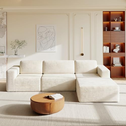 Vesgantti 119" L-Shaped Modular Sectional Sofa, Corduroy Cloud Couch with Deep Seating & Spring Support, Flexible Layout Sofa with Ottoman, Boneless Style, No Assembly Required, Beige - color: 119" - 3 Seater & Ottoman Beige