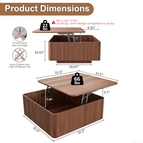 31.5"Walnut Lift Top Coffee Table with Storage for Living Room, LED Lights | Fluted Square Coffee Table,Charging Station, Large Hidden Storage,Mid Century Modern Design, Heavy-Duty Hydraulic Gas Spring