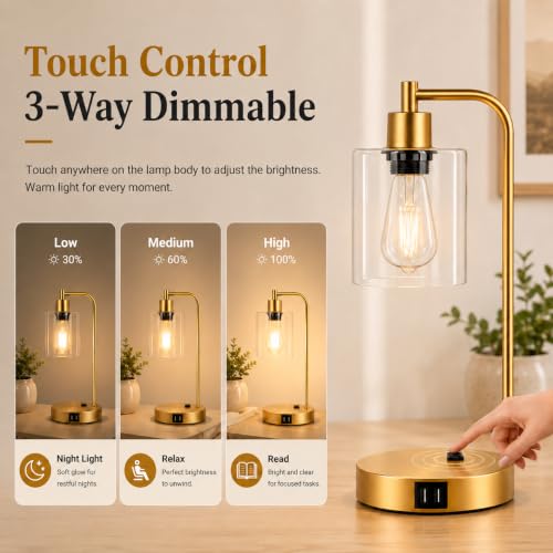Industrial Touch Control Table Lamps Set of 2 - Gold Nightstand Bedside Lamps with 2 USB Ports & AC Outlet, 3-Way Dimmable Desk Lamp for Bedroom Living Room, Glass Shade & 2 LED Bulbs Included - color: Gold(2 Pack) - Clear Glass-Touch Control