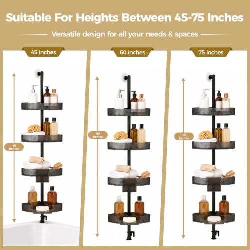 Corner Shower Caddy, Adjustable 4-Tier Rustproof Bathroom Organizer Shelves, 45-75 Inch No-Drill Quick Installation Bathtub Corner Shelf
