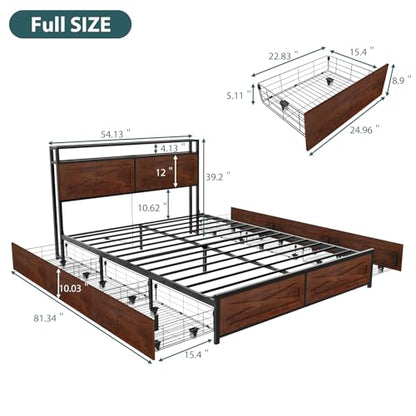Zevemomo Full LED Bed Frame with 6 Storage Drawers, Farmhouse Headboard w/Charging Ports Station, Full-Size Platform Bed Frame No Box Spring Needed, Metal Structure & Wood Boards, Rustic Bed Frames