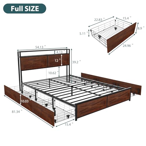 Zevemomo Full LED Bed Frame with 6 Storage Drawers, Farmhouse Headboard w/Charging Ports Station, Full-Size Platform Bed Frame No Box Spring Needed, Metal Structure & Wood Boards, Rustic Bed Frames