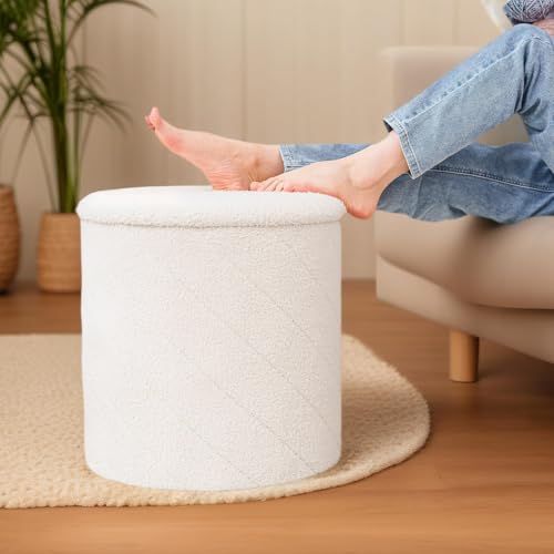 B FSOBEIIALEO Ottoman with Stroage, Boucle Round Storage Ottoman with Tray, Foot Rest Stool for Dorm Room, Living Room White, 16.93"x16.93"x17.72" - color: White, size: 16.93x16.93x17.72 inches