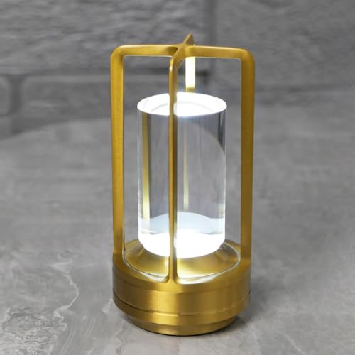 Rechargeable Crystal Table Lamp, 3-Color Touch LED, Gold | Gold metal crystal lantern, 3-color touch dimming, USB-C rechargeable, compact 7.1 in accent light for patio table - style: golden-1