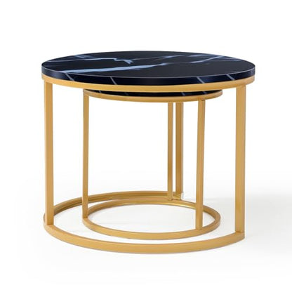 Nesting Coffee Table Set of 2 for Small Spaces, 23.6" Round Coffee Table with Marble Pattern Wood Top & Golden Metal Frame, Modern End Side Tables for Living Room, Apartment - color: Black, Gold