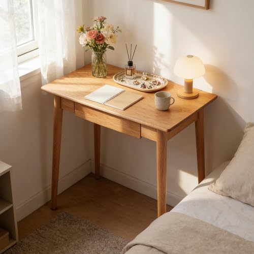 Solid Oak Small Writing Desk with Drawer, Tapered Legs | Natural Wood Finish, Mid-Century Modern, Easy Assembly, Study Desk with Storage, for Bedroom, Home Office, Small Spaces - size: 39.4"W
