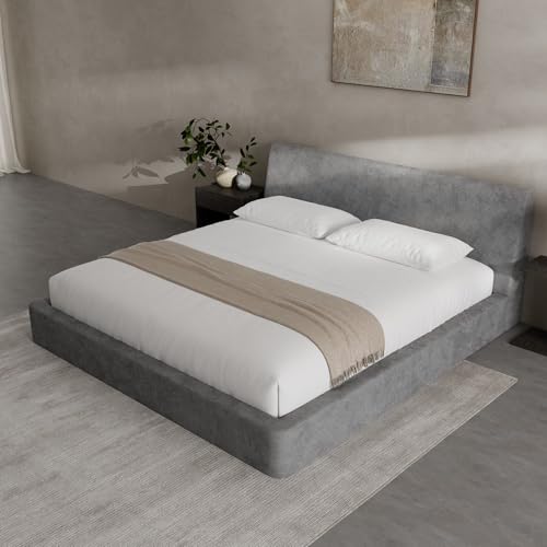 RECCI AirFrame King Upholstered Bed Frame with Ergonomic Angled Headboard | Ergonomic Angled Headboard, 360° Soft Foam Surround, Low Profile Cloud Bed Frame, No Box Spring Required, Easy Assembly - color: Moon Grey, size: King