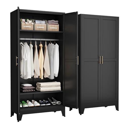 Metal Armoire Wardrobe Closet, 71" Black Clothing Storage Cabinet | with Adjustable Shelves, and Hanging Rod, Steel clothes closets and Storage, for Laundry Room, Bedroom, Home Office - color: No Mirror-black, size: No Drawer