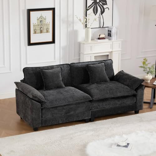 81.9'' Modern Sectional Couch with Double Layer Upholstered Seat Cushion, Chenille LoveSeat Sofa Couch with Wider Armrest and Cushions, Living Room, Bedroom, Apartment, Easy Assembly, Black - color: Black