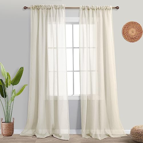 KOUFALL Oatmeal Beige Sheer Curtains 96 Inches Long, See Through Slight Linen Textured Neutral Farmhouse Drapes for Bedroom Living Room Sliding Glass Door 2 Panel Set - color: Beige, size: 52"W x 96"L (Pack of 2)