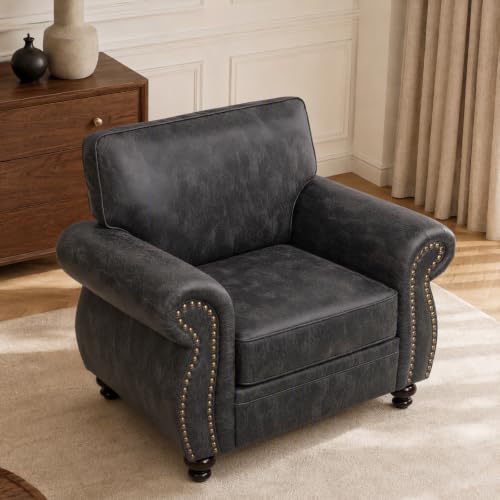 42”W Mid-Century Accent Chair, Single Sofa, Grey | Faux Leather Fabric Armchair for Living Room, Upholstered Sofa Chair for Bedroom, Nailhead Trim Design - color: Grey, size: S-1 seat