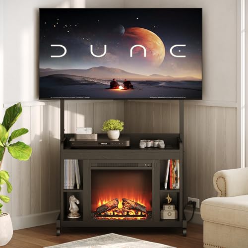 Fireplace TV Stand with Mount for 45/55/60/65/75 inch TVs, Corner Entertainment Center with Power Outlet and 18" Electric Fireplace, Height Adjustable TV Console for Living Room Bedroom, Black - color: Black