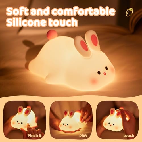 Rytinazzz Silicone Night Light for Kids, 50H Long Battery Big Face Rabbit Lamp, Gift for Kids, Soft Dimmable Bedside Light, Rechargeable Tap Control - color: Rabbit