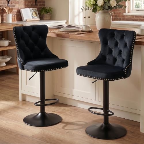 Velvet Bar Stool Set of 2, Adjustable Swivel Bar Stools with Black Metal Leg, Button Tufted, Footrest, Chrome Nailhead, Counter Height Chair for Kitchen, Bar, Dining Room (Black) - color: Black-black Leg, size: Set of 2