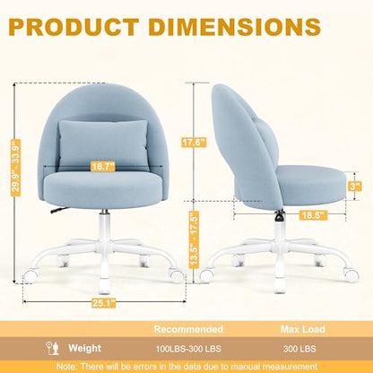 Misolant Vanity Chair with Back, Armless Cute Office Chair with Wheels for Girls, Teddy Fleece Fabric Small Desk Chairs with Adjustable Height, Lumbar Support Pillow, 360°Swivel for Makeup Room, Blue - color: Blue