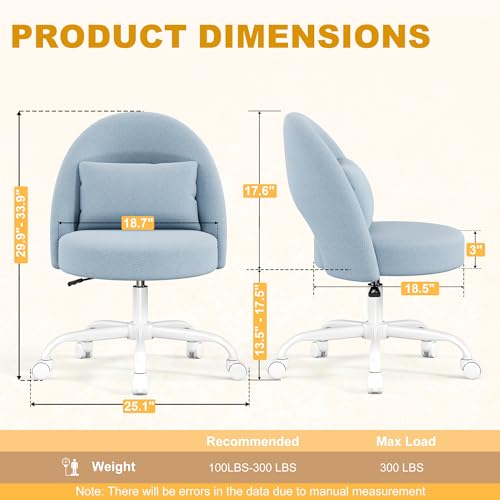 Misolant Vanity Chair with Back, Armless Cute Office Chair with Wheels for Girls, Teddy Fleece Fabric Small Desk Chairs with Adjustable Height, Lumbar Support Pillow, 360°Swivel for Makeup Room, Blue - color: Blue