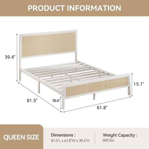 IMMERSTABLE Rattan Queen Bed Frame with Headboard, Boho Queen Metal Platform Bed Frame with Steel Slats, Under Bed Storage, Rounded Corners, No Box Spring Needed, Quiet Design, Easy Assembly, White - color: White, size: Queen