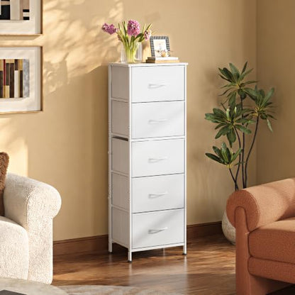 WLIVE Tall Dresser for Bedroom, 5 Drawer Dresser, White | 5 vertical fabric drawers, Tall vertical design, Bedroom or closet use, Dresser for small spaces, Chest of drawers - color: White
