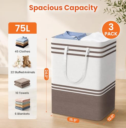 TranquilRelax 3-Pack Laundry Basket, Laundry Hamper, Khaki-75L | Freestanding＆Water-Resistant Laundry Hamper, Collapsible Tall Clothes Hamper with Carry Handles for Clothes, Laundry Basket - color: Khaki, size: 75L