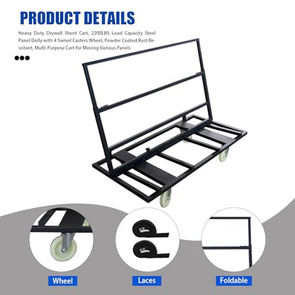 Folding Table Cart Dolly, 1800 LBS Heavy Duty Panel Truck with 4 Swivel Casters, Expandable Foldable Cart with Strap for Plywood, Plasterboard, Warehouse & Party Use