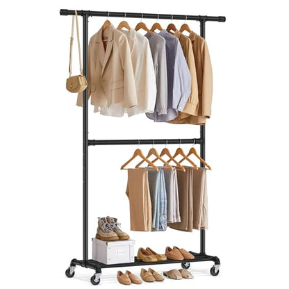SONGMICS Heavy-Duty Clothes Rack, Double-Rod Clothing Rack for Hanging Clothes, Industrial Garment Rack on Wheels, Adjustable Metal Frame, 2 Casters with Brakes, Commercial Display, Black UHSR62BK | Industrial Garment Rack for Hanging Clothes, 2 Casters w