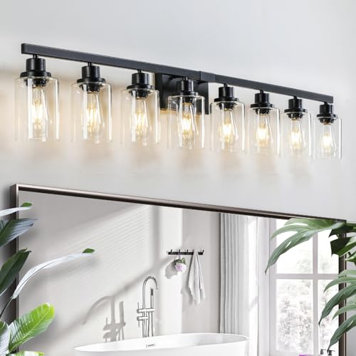 8 Light Bathroom Vanity Lights Over Mirror, 52inch Black Vanity Lights Fixtures Matte Black Modern Vanity Lights Black Bathroom Wall Lighting for Mirror Bedroom,Living Room - color: Black, size: 8-light