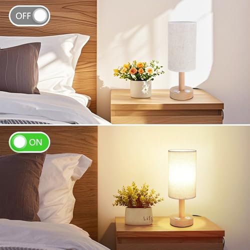 Small Bedside Table Lamp with AC Outlet, Natural Wood Base & Linen Shade, Mini Cute Cozy Warm White Nightstand Boho Lamp, Study Desk Night Stand Light for Bedroom, Kitchen, Nursery, Living Room - size: Round - AC Outlet - Set of 1