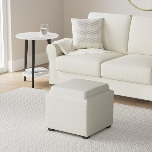 CHITA Storage Ottoman Cube with Tray Lid, Small Footstool with Storage, Square End Table for Living Room and Bedroom, Fabric in Linen - color: Linen