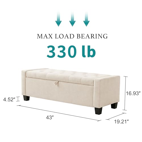 43" Ottoman with Storage, Beige Storage Ottoman Bench | Upholstered Entryway Bench with Seating for Bedroom, Living Room, with Safety Hinge Holds up to 330 lb - color: Beige, size: 19.2"D x 43"W x 16.9"H