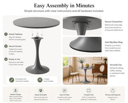31.5" Grey Round Dining Table, Tulip Pedestal Dining Table for 2-4 | Small Space Dining Table with Grey MDF Round Top, Tulip Pedestal Base, Seats 2-4 for Apartments and Breakfast Nooks - color: Grey