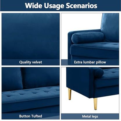 65" Love Seat Sofa, Velvet Small Sofa Small Couch for Bedroom Living Room, Bedroom, Loveseat with 2 Pillows, Gold Legs, Modern Tufted Seat Upholstered Seating for Office, Apartment (Blue) - color: Blue