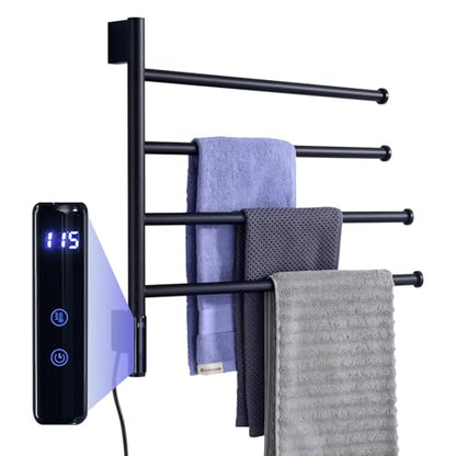 TRUSTMI 4-Swing Electric Towel Warmer with Timer, Matte Black | Rust-proof 304 SS warmer with carbon fiber heat, LED touch 24H timer, and 4 swing arms. Keeps bathroom towels dry - color: Matte Black
