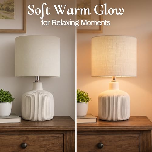 Ceramic Table Lamp, Off-White, 17.75" | Rustic Farmhouse, Beige Linen Shade, Warm Ambient Lighting, Bedside Nightstand - color: Off-White