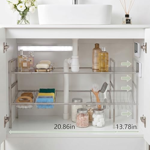 Under-Sink Organizer 2-Tier Expandable Cabinet Storage (4 panels 4 baskets) | LED Motion-Sensing Auxiliary Lighting Dial Thermometer Stainless Steel Telescopic & Adjustable Rust-Resistant - size: 4 panels 4 baskets