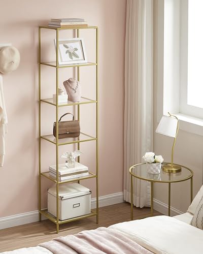 VASAGLE Bookcase, 6-Tier Bookshelf, Slim Shelving Unit for Bedroom, Bathroom, Home Office, Tempered Glass, Steel Frame, Metallic Gold ULGT500A01 - color: Metallic Gold, size: 6 Tiers (15.7"W x 69.8"H)